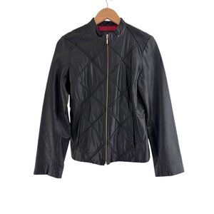 Vtg Mossimo Black Genuine Leather Jacket Coat Red Lining‎ Size S Y2K Zip Pockets